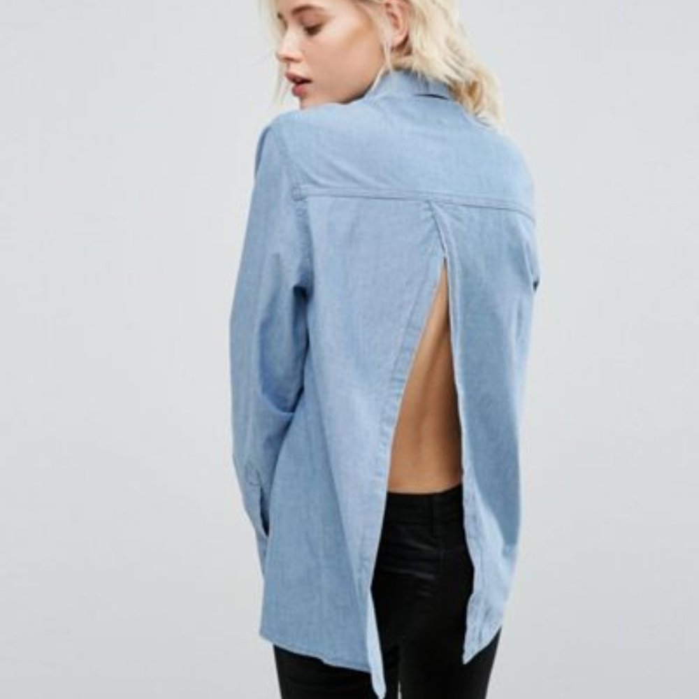 Denim Shirt With Open Back in Mid Wash Blue | ASOS